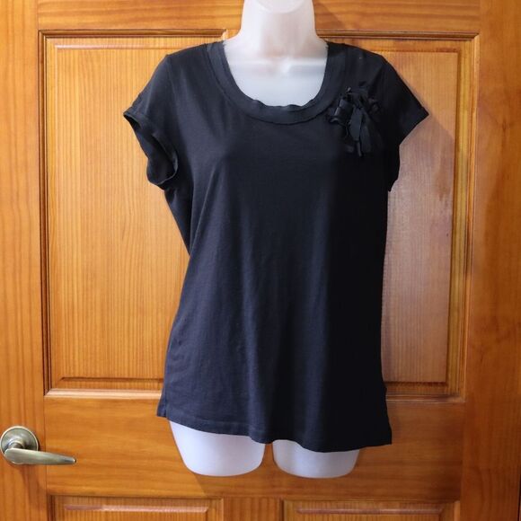 DKNY Black Blouse with Ribbon Flower Detail Business casual LARGE - Picture 2 of 11